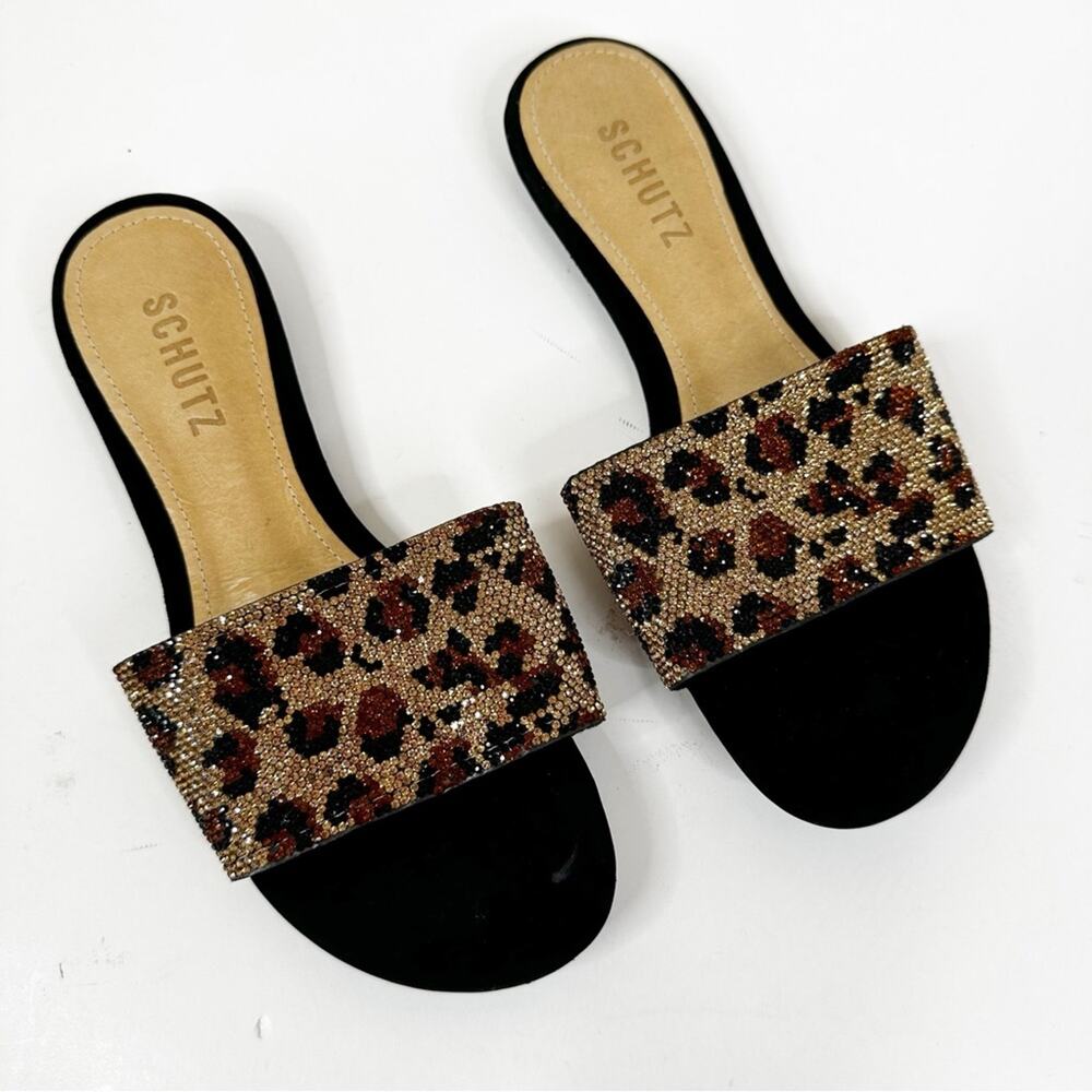 Schutz Dixie Leopard Rhinestone Sandals Womens 7 Open Toe Slide Flats